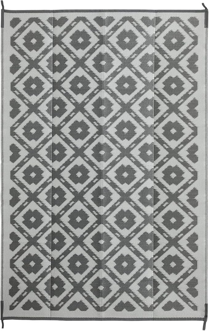 Waterproof Outdoor Rug 6x9 ft, Reversible Plastic Straw Rug, Easy to Clean Patio Rug, Portable Carpet for Patio, RV, Deck, Balcony, Backyard, Picnic, Beach, Square Dashed, Gray