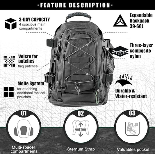 Tactical Backpack Military Army Daypack - Assault Pack for Men Molle Backpacks Bug Out Bag 3 Day Pack for Hiking Camping Travel Hunting Rucksack Trekking Grey