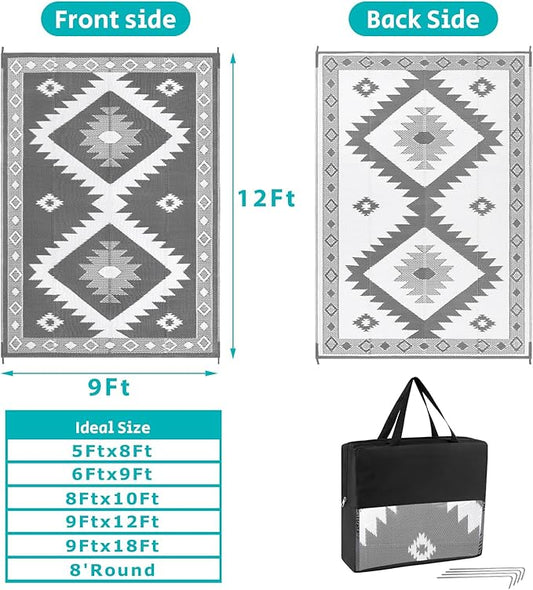 HEBE Outdoor Rug 9'x12' for Patios Clearance Waterproof Patio Mat Plastic Straw Rug Reversible RV Camping Tent Rug Outside Indoor Outdoor Area Rugs for RV,Deck,Beach,Balcony,Camper