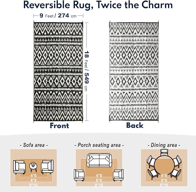 Waterproof Outdoor Rug 9x18 ft, Reversible Plastic Straw Rug, Easy to Clean Patio Rug, Portable Carpet for Patio, RV, Deck, Balcony, Backyard, Picnic, Beach, Geometric Diamond, Gray