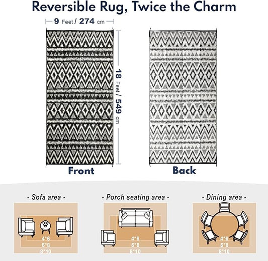 Waterproof Outdoor Rug 9x18 ft, Reversible Plastic Straw Rug, Easy to Clean Patio Rug, Portable Carpet for Patio, RV, Deck, Balcony, Backyard, Picnic, Beach, Geometric Diamond, Gray