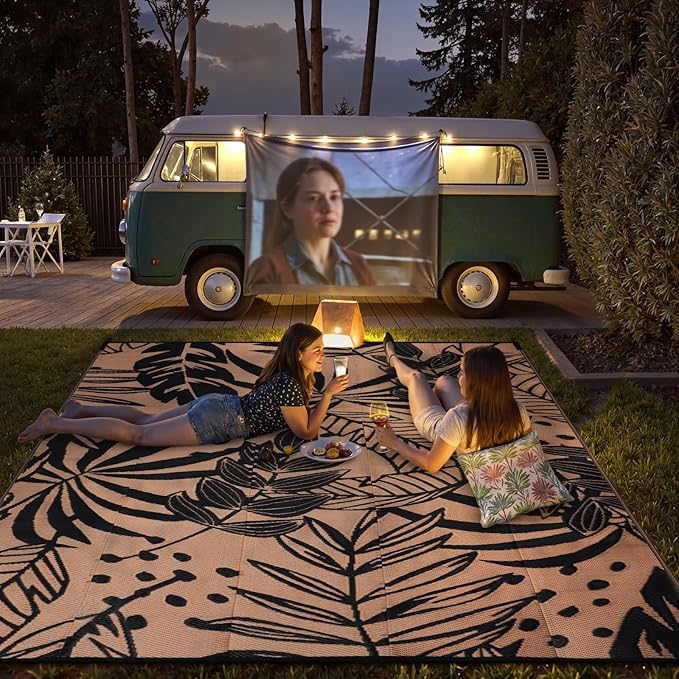 Anidaroel 8x10 Leaf Outdoor Rug for Patios Clearance, Waterproof Camping Rug for Outside RV, Reversible Plastic Straw Outside Area Rugs for Garden, Camper, Picnic, Beach(Black/Brown,8'x10')