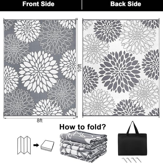 Ileading Reversible Outdoor Rug 8x10Ft Waterproof Patio Rug Carpet Portable Outdoor Plastic Straw Rug Large RV Camping Mat Rug for Patio, Clearance, Deck, Beach, Porch, Camping, Picnic, Grey