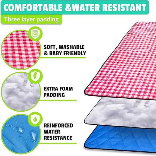 Beach Blanket Sand Proof & Outdoor Picnic Blanket - Water Resistant, Large Mat for Camping or Travel. Washable, Foldable, Easy Carry Compact Tote Bag (Checkered Red/White)