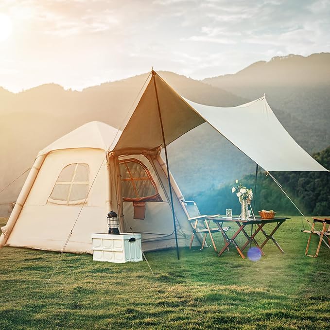 YOLENY 2-4 Persons Inflatable Camping Tent with Pump & Extended Canopy, Easy Set-up, Oxford Portable Free-Standing Family Cabin Tents for Hiking