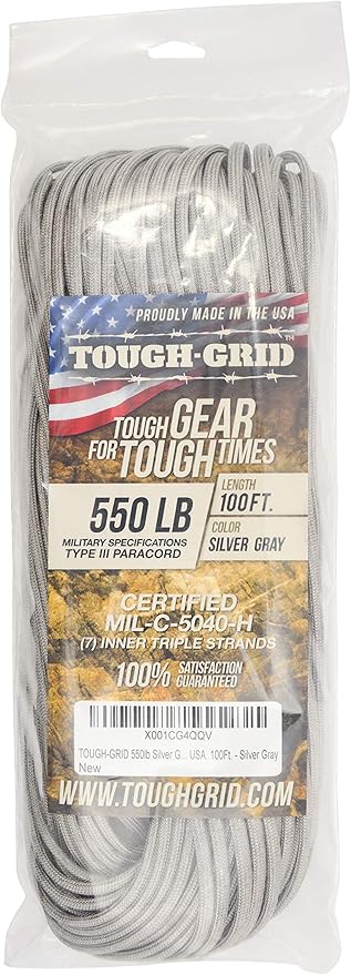 TOUGH-GRID Premium 550lb Paracord Rope - 100Ft White - 100% Nylon Type III Mil-Spec - UV & Abrasion Resistant - Heavy Duty Strands - Outdoor Survival Rope - Used by US Military - Made in USA