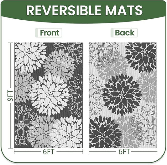 LuxStep Outdoor Rug Waterproof Outdoor Plastic Straw Rug Reversible Patio Rug Mat Outdoor Decor Large Area Mats for RV, Picnic, Backyard, Deck, Balcony, Porch, Beach, Camping, 6'x 9',Grey