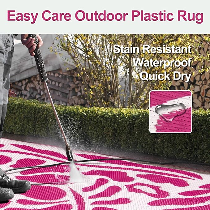 Wonnitar Outdoor Rugs 8x10,Plastic Outdoor Waterproof Patio Rugs Clearance,Reversible Large Outside RV Camping Mat,Portable Abstract Plant Lightweight Carpet for Backyard Deck Park (Pink, 8'x10')