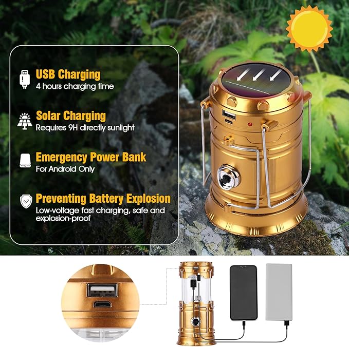 Solar Camping Lantern for Power Outages - USB Rechargeable Lamp Camping Essentials,Collapsible Waterproof Solar Lights for Indoor Outdoor Emergency Light/2 Packs/Gold