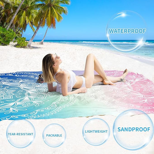 BYDOLL Beach Blanket Waterproof Sandproof 78''×81'' Suits1-4 Adults Compact Lightweight Oversized Sand-Free Blanket Large Picnic Mat for Beach Travel Camping Hiking