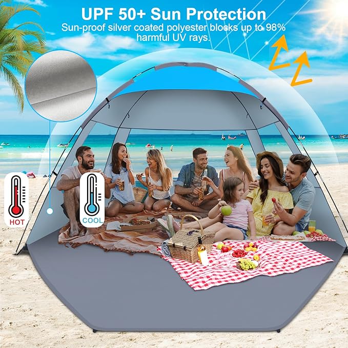 Gorich Beach Tent Sun Shelter for 3/4-5/6-7/8-10 Person with UPF 50+ UV Protection, Lightweight & Easy Setup Beach Shade Canopy, Portable Beach Shade Tent Beach Cabana
