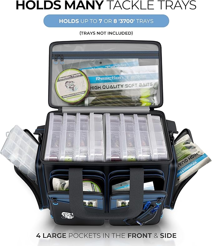 Reaction Tackle Fishing Tackle Bag – Salt Water Resistant Fishing Bag, 1000D PVC Waterproof Material, Tackle Box Organizer with Dividers for 3600 or 3700 Trays (Small, Medium, Backpack only fit 3600)