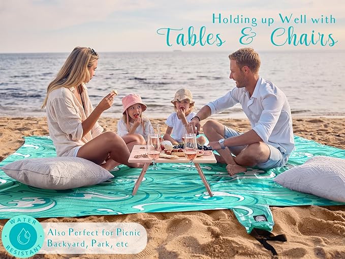 WEKAPO Beach Blanket Waterproof Sandproof Oversized Extra Large Sand Free Beach Mat with Stakes, Storage Bag - Essentials for Outdoor Beach, Picnic (Turquoise Ocean Waves, 8 X 7 FT (1~4 Person))