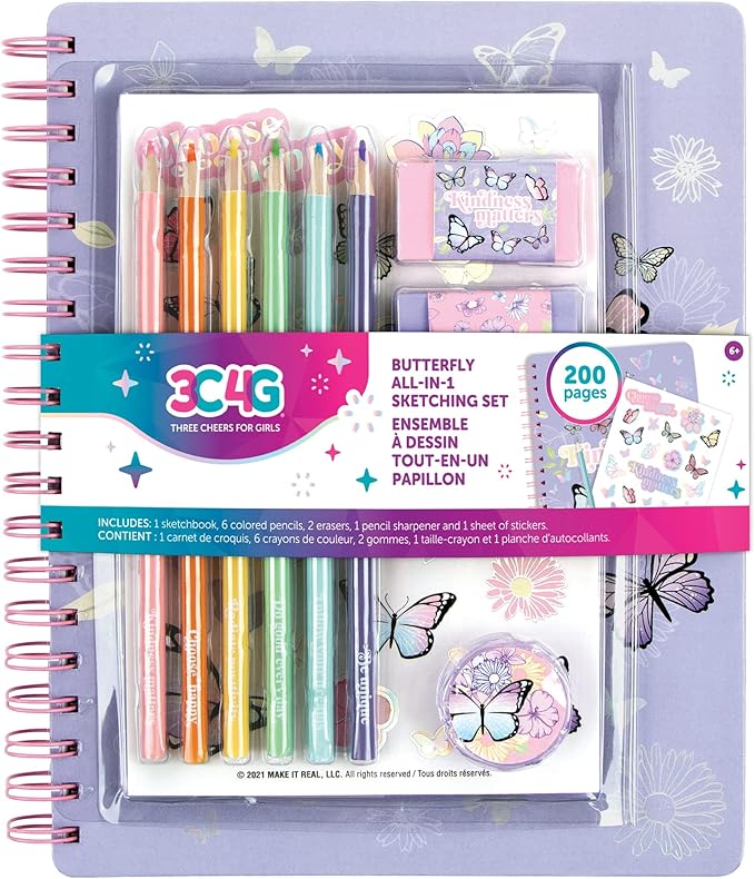 Three Cheers for Girls - Butterfly All-In-1 Sketchbook Set - Girls Diary, Journal, Sketch Book for Kids w/ Pencils, Stickers & More - Drawing Kit for Kids - Unlined Diary for Girls - Kids Sketch Pad