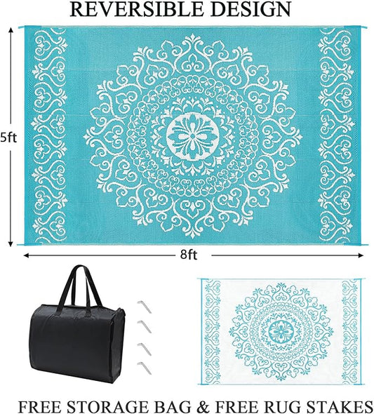 Pauwer Waterproof Outdoor Rug 5x8, Reversible Plastic Straw Patio Camping Rug, Indoor Outdoor RV Mat Carpet for Deck, Camper, Porch, Balcony, Backyard, Picnic, Floral Teal