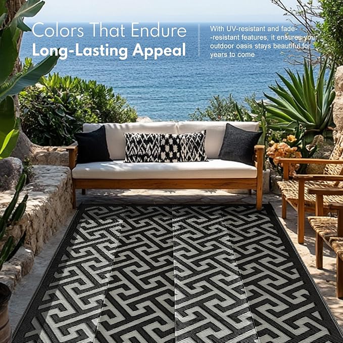 Waterproof Outdoor Rug 9x18 ft, Reversible Plastic Straw Rug, Easy to Clean Patio Rug, Portable Carpet for Patio, RV, Deck, Balcony, Backyard, Picnic, Beach, I-Shaped, Black