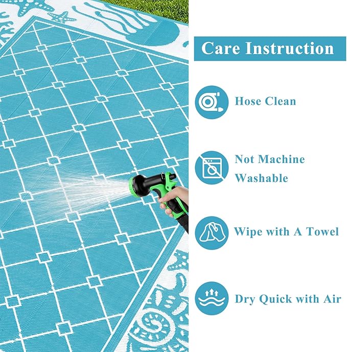 Vaukki Reversible Rugs, Plastic Straw Outdoor Doormat, Fade Resistant Plastic Outdoor Patio Mat, Lightweight Ocean Area Carpet for Patio, RV, Camping, Beach, Deck, Backyard and Picnic (Teal, 8'x10')