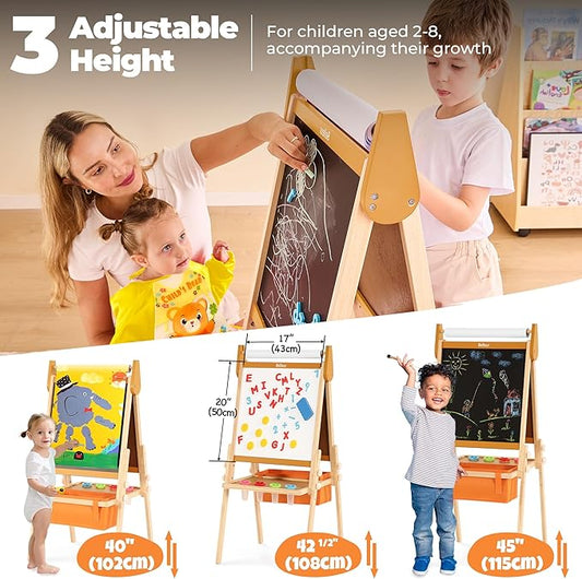 All-in-One Art Easel for Kids with 2 Paper Rolls & Deluxe Accessories, Adjustable Magnetic Double Sided Whiteboard & Chalkboard, Painting Kid Easel for Toddlers 2-8, Ideal Christmas Gift