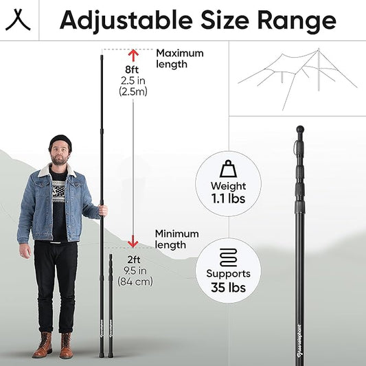 Green Elephant Camping Tarp Poles - Adjustable Aluminum Telescoping Tent Poles for Tarps, Canopy & Awning - Heavy Duty Collapsible Pole Set of 2 - Extends 8ft, Shrinks to 2ft - Caravan & Beach Shade