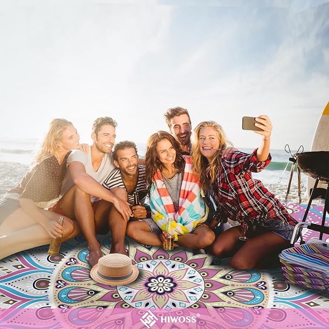 Beach Blanket Waterproof Sandproof Oversized 95โx 80โ,Sand Free Beach Mat with Corner Pockets,Portable Mesh Bag for Beach Festival,Picnic,Travel and Outdoor Camping (Rosepink Blue)