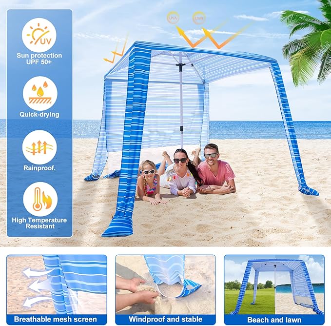 Beach Cabana - Cool 6.2โx6.2โ UPF 50+ Sun Shade, Easy Setup & Portable, Waterproof Canopy with Sand Pockets, Side Wall & Beach Umbrella Tent Design - Perfect for Family Trips, Picnics & Camping