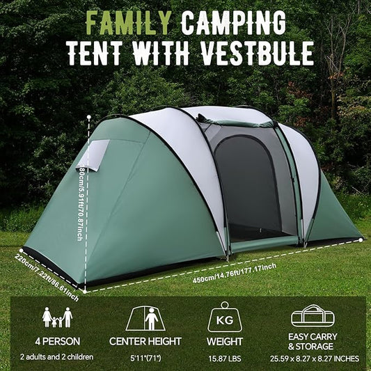 2 Room Family Camping Tent with Porch, Weatherproof Camping Shelter with Rainfly, 2-4 Person Easy Set Up Dome Tent for Outdoor, Picnic, Hiking