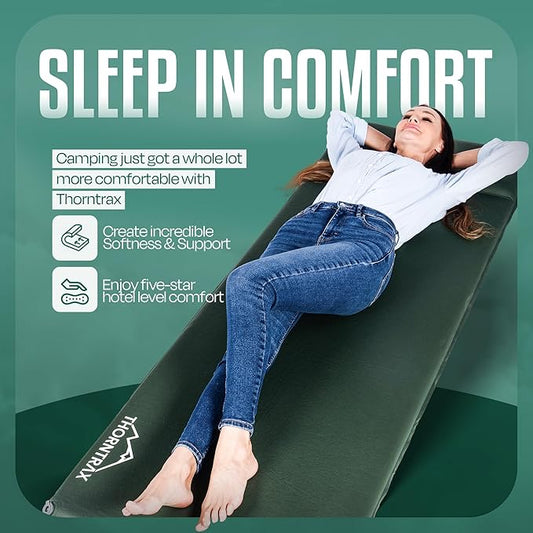 Throntrax Camping Sleeping Pad - Ultralight Camping Mat with Pillow Built-in - 3.1" Thick | Self-Inflating & Suitable for All Seasons - Compact Sleeping Pad for Camping - Green