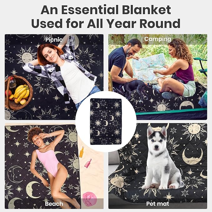 Waterproof Outdoor Blanket, 78.7x55inch, Printed Large Picnic Blankets, Foldable Picnic Mat, Camping Blanket for Picnic, Grass, Park, Lawn, Beach - Sun and Moon