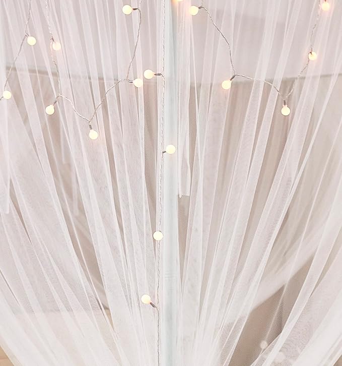 Mengersi Bed Canopy with Lights for Full Queen King Size Bed,4 Corner Post Bed Drapes Canopy for Bed,Canopy Bed Curtains Elegant Bedroom Decoration Accessories(White+Lights)