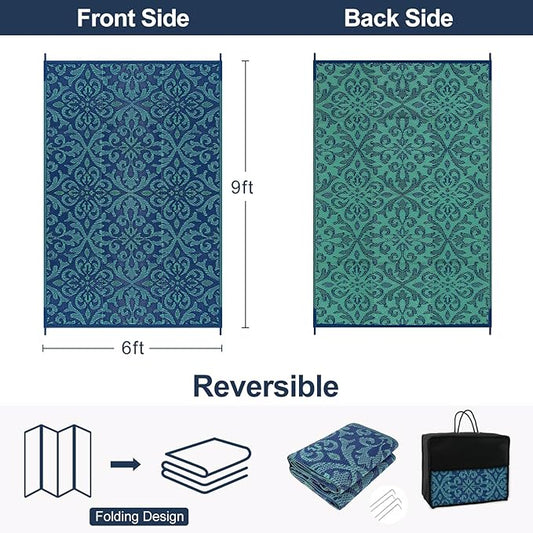 Lahome Navy Blue Outdoor Patio Rug Waterproof 6x9, Plastic Straw Rug Reversible Indoor Outdoor Carpet Floor Decor,Large Portable Outside Camping Mats for Balcony Deck Tent, Deep Blue 6x9