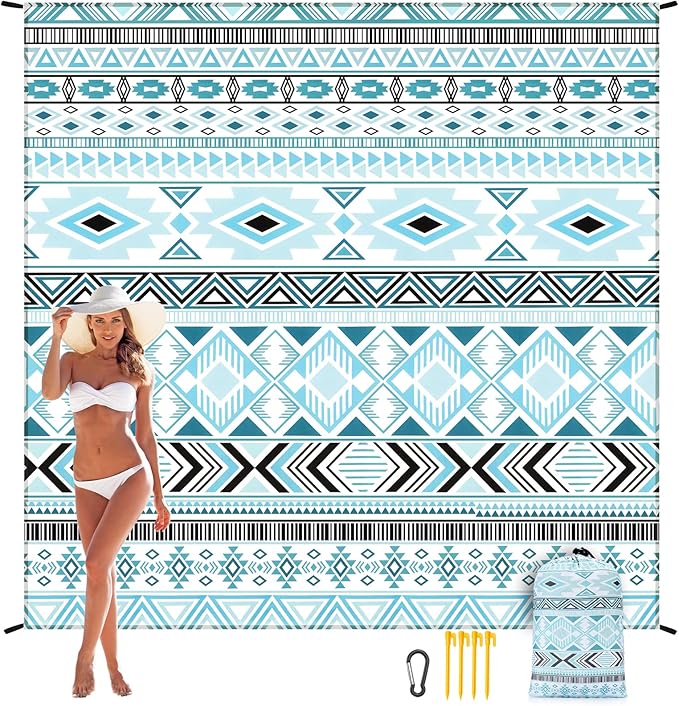 Beach Blanket Waterproof Sandproof Beach Mat 79" X 83" /10'x9'for 2-8 Adults Quick Drying Outdoor Picnic Mat Beach Accessories for Travel, Camping, Hiking