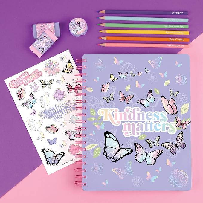 Three Cheers for Girls - Butterfly All-In-1 Sketchbook Set - Girls Diary, Journal, Sketch Book for Kids w/ Pencils, Stickers & More - Drawing Kit for Kids - Unlined Diary for Girls - Kids Sketch Pad