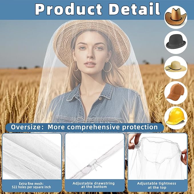 2 Pack Ultra Large Mosquito Net 42x25 Inches Mosquito Head Net Oversized Insect Netting Bug Fits Most Hats for Gardening Hiking Fishing Traveling(White+Black)