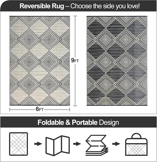 Waterproof Outdoor Rug 6x9ft, Foldable Reversible Plastic Straw Mat for Patio RV Deck Porch Backyard Balcony Camping Picnic Beach Indoor Outdoor Carpet, Black&Beige