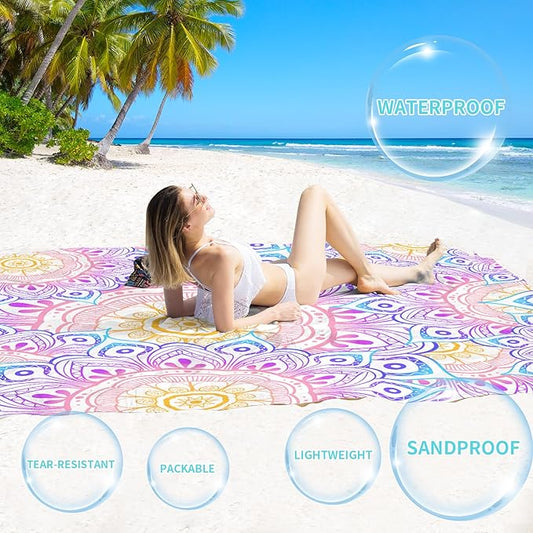 BYDOLL Beach Blanket Waterproof Sandproof 78''×81'' Suits1-4 Adults Compact Lightweight Oversized Sand-Free Blanket Large Picnic Mat for Beach Travel Camping Hiking