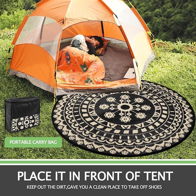 Capslpad 5Ft Round Outdoor Rug for Patio Reversible Mat Waterproof Plastic Straw Rug Boho Circle Indoor Outside Area Rug for RV Camping Picnic Pool Tent Balcony Beach Deck Doormats Decor, Beige