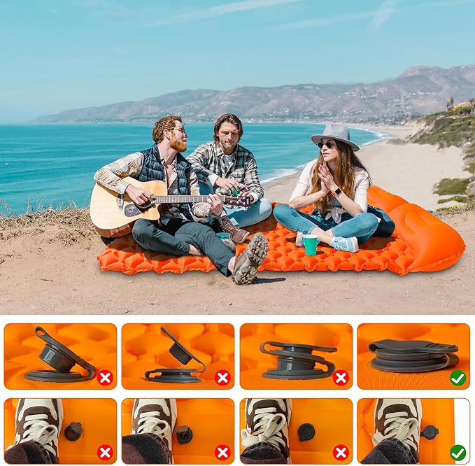 Self Inflating Sleeping Mat Ultralight Inflatable Sleeping Pad for Camping with Pillow Built-in Foot Pump Backpacking for Hiking Traveling Tent, Grey (Orange-Double)