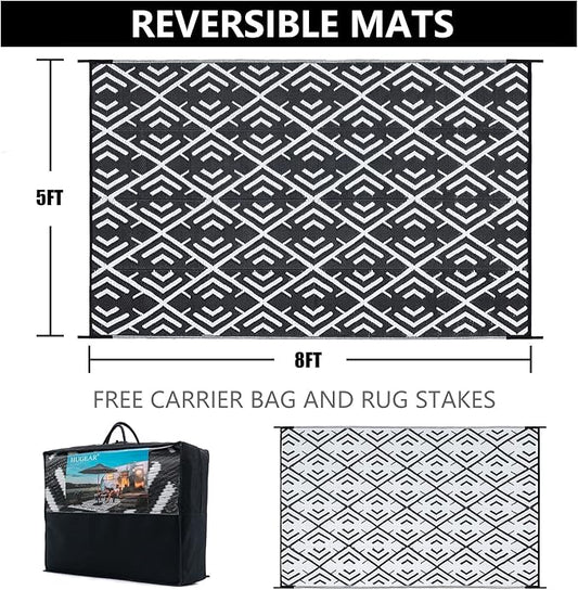 Outdoor Rug Mats, Large Waterproof Outdoor Area Rug, Reversible Portable Outdoor Plastic Straw Carpet for RV Deck Camping Front Door Indoor Outside Porch Picnic (5x8ft Geometric Black&White)