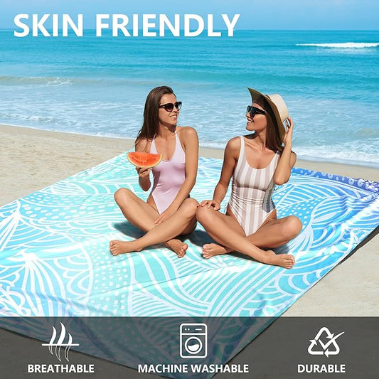 Beach Blanket Waterproof Sandproof Beach Mat 79”x 83” for 1-4 Adults Quick Drying Durable Outdoor Picnic Mat for Beach Festival Travel Camping Hiking (Gradiant Blue-Ripple, 79"×83"(4 Person))