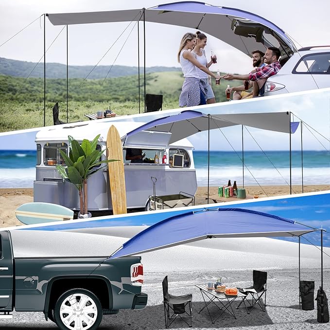 UBOWAY Awning Sun Shelter: Waterproof Auto Canopy Camper Trailer Tent Roof Top for SUV Minivan Hatchback Camping Outdoor Travel 5-6Persons