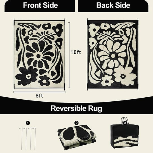 Wonnitar 8x10 Outdoor Patio Rug Clearance,Waterproof Plastic Straw Rugs Reversible Outside Large Mat,Abstract Floral Lightweight Carpet for Backyard Balcony RV Camping Deck (Black & White, 8'x10')