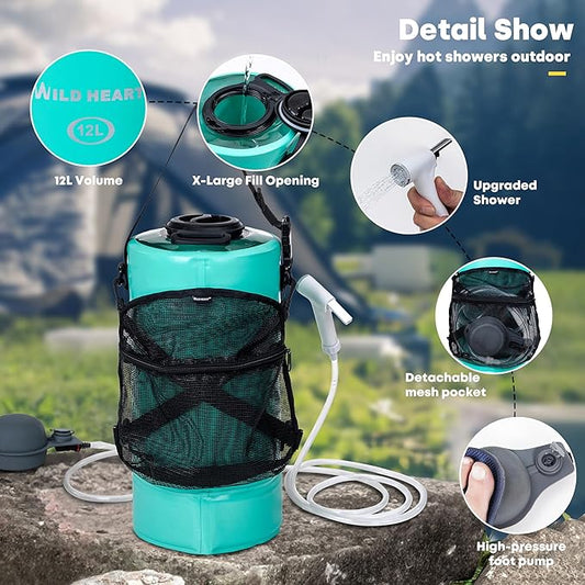 WILD HEART Camping Shower 22L/ 12L Portable Shower for Camping with Pressure Foot Pump and Hose - Solar Shower Bag Backpack for Camping, Road Trip & Outdoor Use