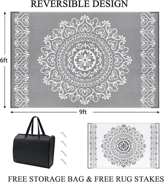 Pauwer Waterproof Outdoor Rug 6x9, Reversible Plastic Straw Patio Camping Rug, Indoor Outdoor RV Mat Carpet for Deck, Camper, Porch, Balcony, Backyard, Picnic, Floral Grey