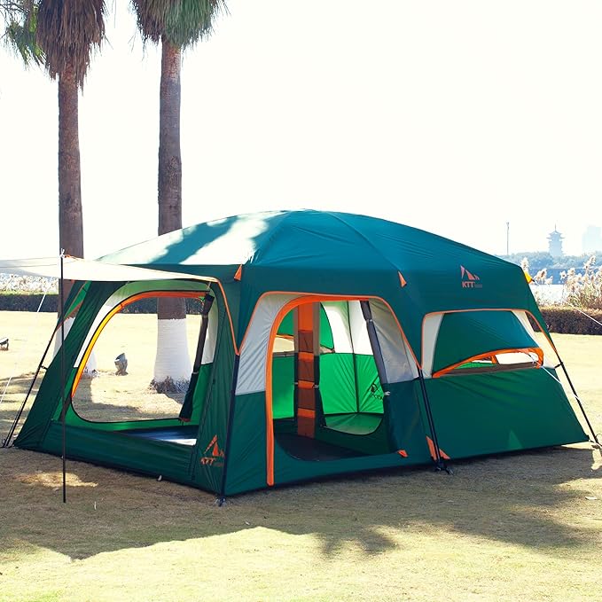 KTT Extra Large Tent 12 Person,2 Bay-Windows,Family Cabin Tents,14'Lx10'Wx6.58'H,2 Rooms and 3 Doors 3 Windows with Mesh,Waterproof,Straight Wall,Big Tent for Outdoor,Picnic,Camping,Gathering