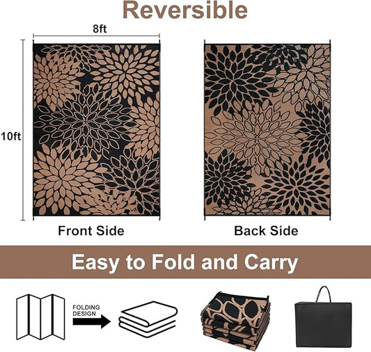 Anidaroel 8x10 Flower Outdoor Rug for Patios Clearance, Waterproof Camping Rug for Outside RV, Reversible Plastic Straw Outside Area Rugs for Garden, Camper, Picnic, Beach(Black/Brown,8'x10')