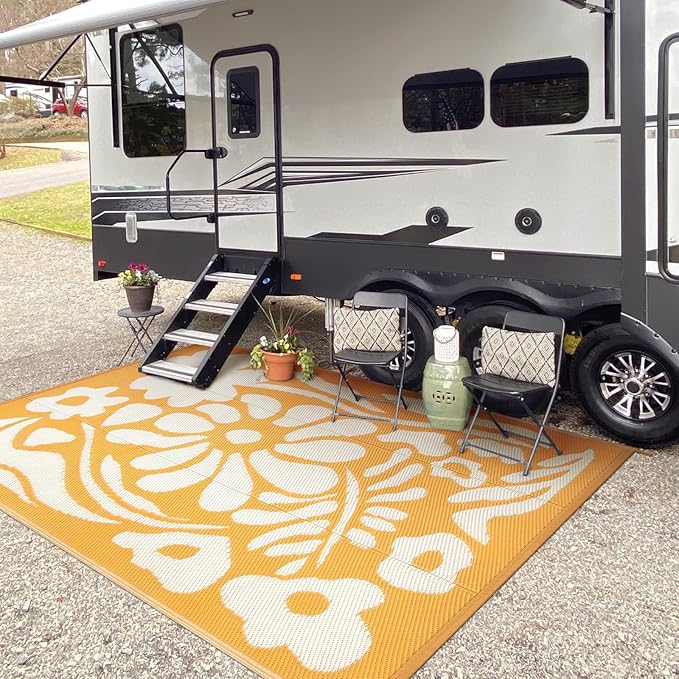 Wonnitar 6x9 Outdoor Rug Waterproof, Reversible Plastic Straw RV Rugs for Camping Outside, Large Portable RV Outdoor Mat Orange Abstract Flower Tent Rug for Camping Garden Picnic (Orange, 6'x9')