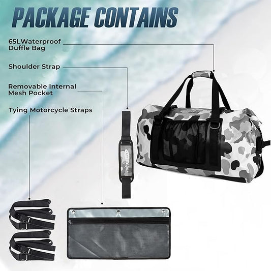 65L Waterproof Duffel Bag for Men and Women - Large Motorcycle Duffle Bag with Straps for Back Seat - Roll Top Dry Bag for Kayaking, Rafting, Boating, Swimming, Beach