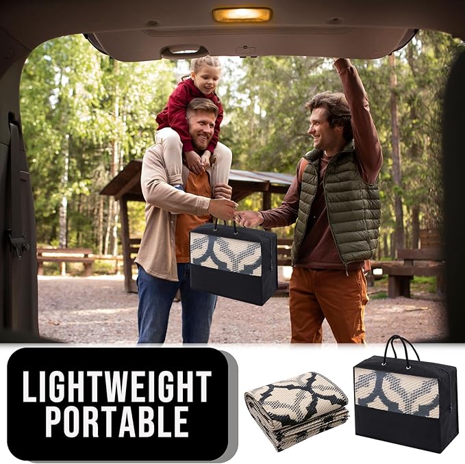 OLANLY Reversible Outdoor Rug 5x8 ft Clearance, Waterproof Outdoor Plastic Straw Rug with Interlacing Pattern, RV Mat for Patio, Camping, Balcony, Deck, Backyard, Black & Beige