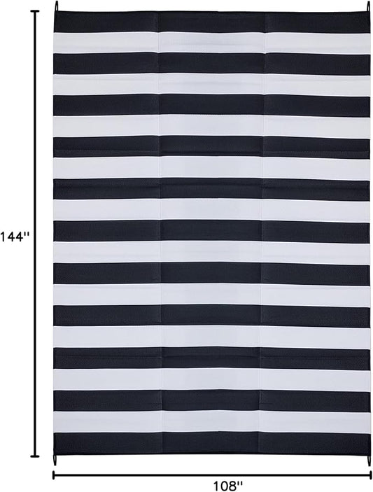 FH Home Outdoor Camping Rug - Waterproof, Fade Resistant, Reversible - Premium Recycled Plastic - Striped - Large Patio, Deck, Sunroom, RV - Brittany Stripe - Black & White - 9 x 12 ft Foldable