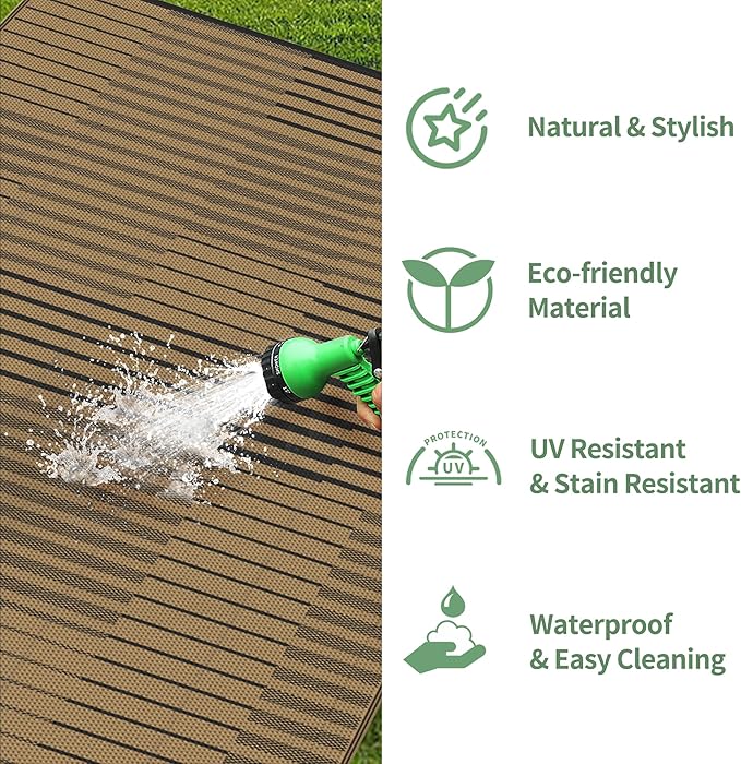 GENIMO Outdoor Rug for Patio Clearance, 6'x9' Waterproof Camping Mat, Reversible Plastic Straw Rugs for RV, Camper, Balcony, Backyard, Picnic, Deck (Black Brown)